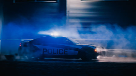 Highway Traffic Patrol Car In Pursuit of Criminal Vehicle. Police Officers in Squad Car Chase Suspect on Road During a Misty Night. Cinematic Industrial Area. Action Sceneの写真素材
