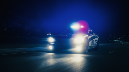 Traffic Patrol Car In Pursuit, Driving Fast with Sirens Blazing through the City Streets. Officers of the Law Chasing a Suspect. Cops in Squad Car React to Emergency Call. Cinematic Night Shotの写真素材