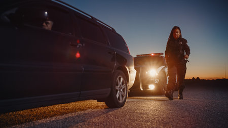 Black Female Police Officer  Heading Towards a Pulled over Car. Driver Sitting in the Dark. Potentially Armed Driver Waiting for Cop to Get Closer. Officer Preparing to Draw her Gunの写真素材