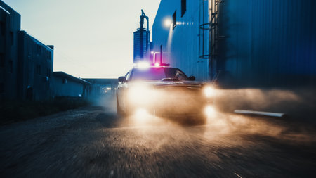 Traffic Patrol Car in Pursuit through Industrial Area. Police Officers Driving Squad Car, Chase...
