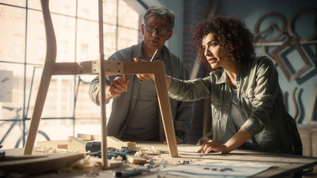 Portrait of Two Small Business Owners Working Together on Creating a New Wooden Dining Table Chair...