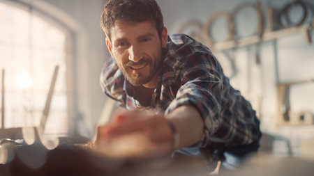 Young Artisan Craftsman in Checkered Shirt Using Hand Plane to Shape a Wood Bar. Handsome Carpenter...