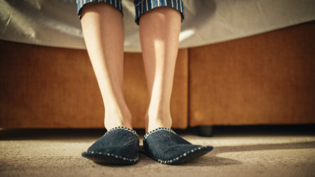 Person Waking Up and Stepping into Cozy Slippers. Ready to go about Business, on a Grand Sunny Day. Seize the Day. Low Angle Front View Ground Shotの写真素材