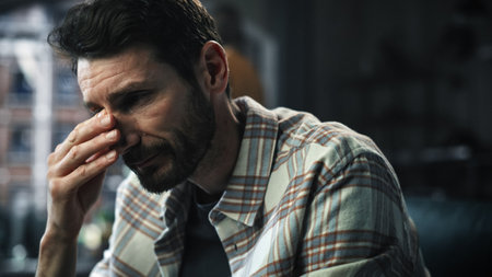 Dark Gloomy Portrait of Fragile Emotional man Crying being Bullied by Partner. Couple Arguing and Fighting Violently. Domestic Violence, Emotional Abuse. Rack Focus with Girfriend Screamingの写真素材