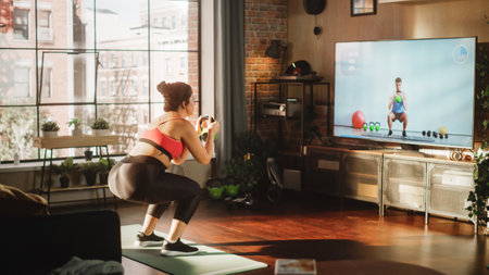 Home Gym: Gorgeous Plus Size Body Positive Girl Training with Personal Trainer via Online Video Tutorial. Authentic Woman Uses Workout Service Fitness App, Streaming Virtual Trainingの写真素材