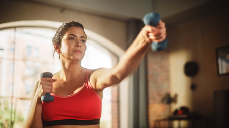 Beautiful Athletic Plus Size Body Positive Sports Woman, Does Exercises with Dumbbells, Shadow...