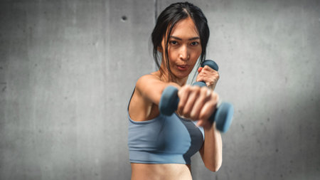 Online Workout Service: Strong Asian Female Training, Exercises with Dumbbells, Shadow Boxing,...