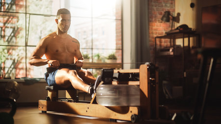 Strong Athletic Black Man Does Shirtless Workout at Home Gym, Exercising on stylish Water Rowing Machine. Lean Fit Muscular Mixed Race Sportsman Staying Healthy, Training. Sweat and Determination.の写真素材
