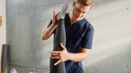 Professional Sport Physiotherapist Working on Specific Muscle Groups or Joints with Middle Aged Fit Female. Senior Woman Recovering from Serious Injury. Trauma Prevention or Rehabilitation.の写真素材