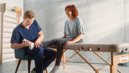 Middle Aged Fit Female Undergoing Professional Physiotherapy, Sport Masseur Treating Light Muscle or Joint Injury. Musculoskeletal Pain Relief and Rehabilitation Concept for Senior People.の写真素材