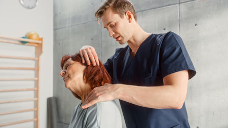 Professional Sport Physiotherapist Working on Specific Muscle Groups and Neck Pain with Middle Aged...
