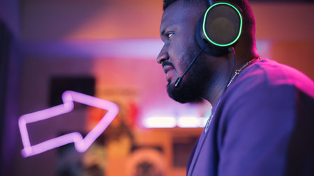 Gaming at Home: Gamer Playing Online Video Game on Computer. Close Up Portrait of Stylish Black Male...