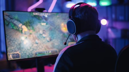 Over the Shoulder Angle of a Young Female Gamer Winning in a Video Game on Personal Computer in a...