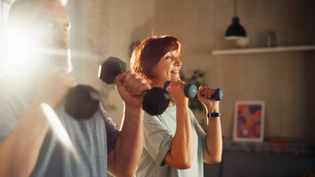 Happy Middle Aged Couple Doing Morning Exercises and Workout with Dumbbells at Home Together in Sunny Living Room. Concept of Healthy Lifestyle, Fitness, Recreation, Couple Goals and Retirement.の写真素材