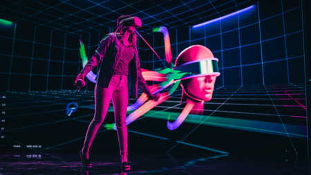 Digital Artist Using VR Software to Create a 3D Piece of Art: Designing a Stylish Futuristic Portrait in Interactive Environment on a Big Digital Screen. Female Designer Using Headset and Controllers.の写真素材