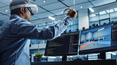 Automotive Engineer Using a VR Software to Work on Electric Motor and Vehicle Platform in...