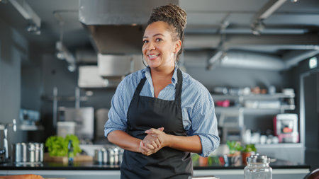 TV Cooking Show Restaurant Kitchen: Black Female Chef Talks, Teaches How to Cook Food. Online Video...