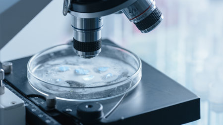 Close Up Shot of a Petri Dish with Genetically Modified Samples Under a Microscope. Microbiologist Doing Biology Research in Modern Laboratory.の写真素材