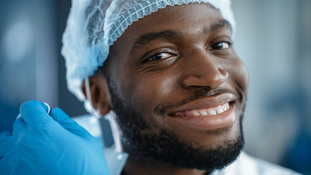 Close Up Portrait of a Black African American Handsome Male in White Shirt Taking Off a Disposable Face Mask. Successful Man Calmly Looking at Camera. Stylish Businessman or a Doctor in Hospital.の写真素材
