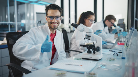Medical Science Laboratory: Handsome Scientist is Using Microscope for Sample Analysis, Looking at...