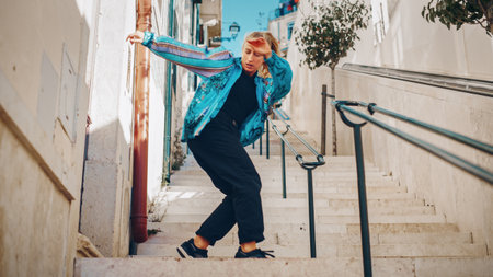 Professional Young Adult Woman in Casual Stylish Clothes Actively Breakdancing Hip Hop on the Street of an Old Town in a City. Scene Shot in an Urban Environment on an Quiet Small Town Stairs.の写真素材