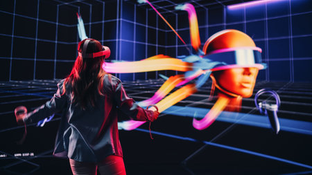 Digital Artist Using Virtual Reality 3D Software to Create a Beautiful Piece of Art in Interactive Creative Environment. Female Designer Using Virtual Reality Headset and Controllers for NFT Project.の写真素材