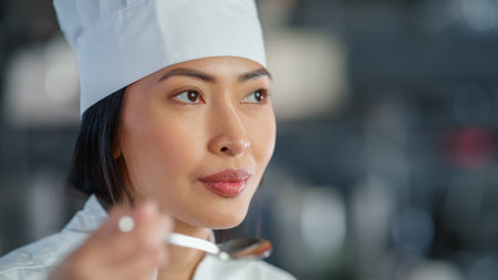 World Famous Restaurant: Portrait of Smiling Asian Female Chef Cooking Delicious, Steamy, Authentic Food, Tastes Her Dish With a Spoon in a Kitchen. Preparing affordable Haute Cuisine gourmetの写真素材