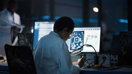 Modern Electronics Research, Development Facility: Black Female Engineer Does Computer Motherboard Soldering. Scientists Design PCB, Silicon Microchips, Semiconductors. Back View Shotの写真素材