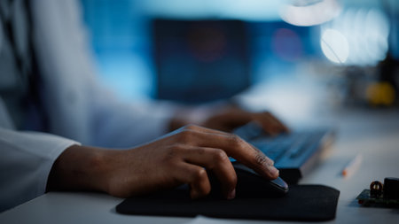 Modern Electronics Research, Development Facility: Engineer Working on Computer, Using Computer Mouse with His Hand. Scientist Design PCB, Silicon Microchips, Semiconductors. Close-up Focus on Handsの写真素材