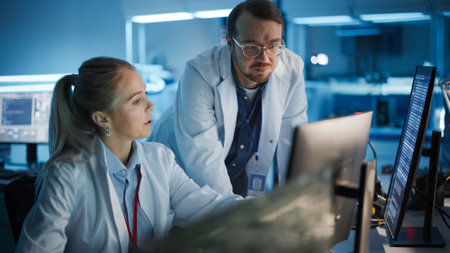 Electronics Research, Development Facility: Engineer Project Manager Consults Scientist working on...