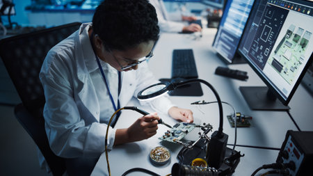 Modern Electronics Research, Development Facility: Black Female Engineer Does Computer Motherboard Soldering. Scientists Design Industrial PCB, Silicon Microchips, Semiconductors. High Angle Shotの写真素材