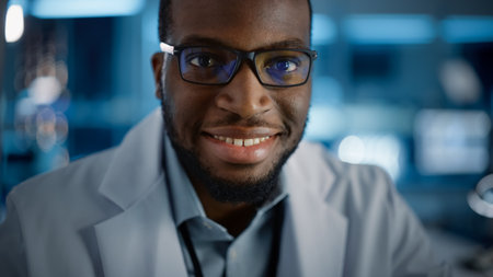 Handsome Black Man Wearing Glasses Smiling Charmingly Looking at Camera. Young Intelligent Male Engineer or Scientist Working in Laboratory. Technological Bokeh Blue Background. Close-up Shotの写真素材