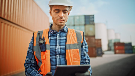 Handsome Caucasian Industrial Engineer in White Hard Hat, Orange High-Visibility Vest, Checkered...