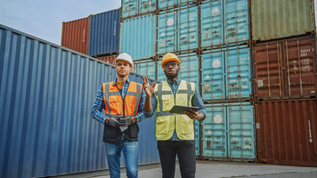 Handsome Industrial Engineer and African American Supervisor with Tablet Computer in Hard Hats and...