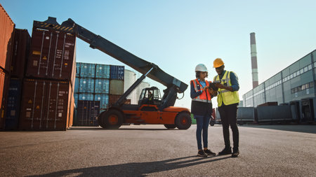 Multiethnic Female Industrial Engineer with Tablet and Black African American Male Supervisor in...