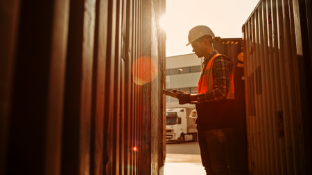 Handsome Caucasian Industrial Inspector or Supervisor Wearing White Hard Hat and High-Visibility Vest, is Examining the Containers with His Tablet Computer in a Logistics Shipping Terminal Depot.の写真素材