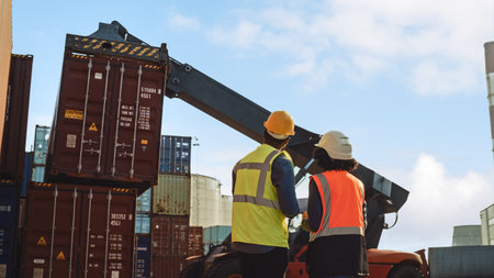Multiethnic Female Industrial Engineer and Black African American Male Supervisor in Hard Hats and...