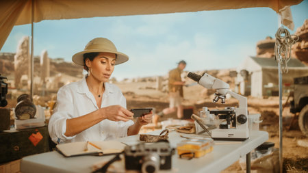 Archaeological Digging Site: Great Female Archaeologist Doing Research, Uses Smartphone to Scan and Analyse Fossil Remains, Ancient Civilization Culture Artifacts. Historians work on Excavation Siteの写真素材