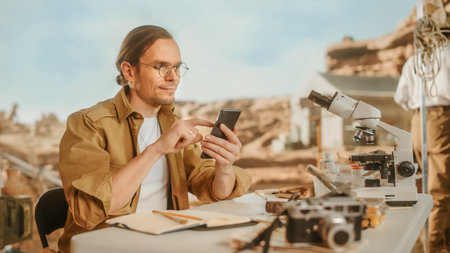 Archaeological Digging Site: Great Male Archaeologist Doing Research, Uses Smartphone to Share Discovery of Fossil Remains, Ancient Civilization Culture Artifacts on Internet Social Mediaの写真素材