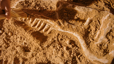 Paleontologist Cleaning Tyrannosaurus Dinosaur Skeleton with Brushes. Archeologists Discover Fossil Remains of New Predator Species. Archeological Excavation Digging Site. Close-up Focus on Handsの写真素材