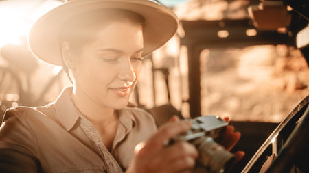 Desert Road Trip: Portrait of Professional Female Travel Photographer Using Camera, Taking Photos...