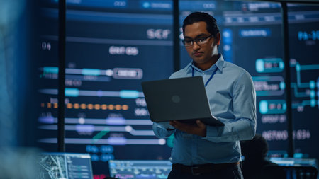 Young Multiethnic Male Government Employee Uses Laptop Computer in System Control Monitoring Center....