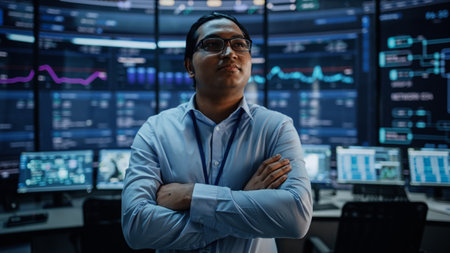 Portrait of Professional Indian IT Technical Support Specialist or Software Developer, Crossing Arms on Camera in a Modern Monitoring Control Room Full of Computer Displays with Technological Data.の写真素材