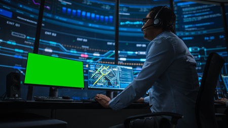 Professional IT Technical Support Specialist and Software Developer Working on Computer with Green...