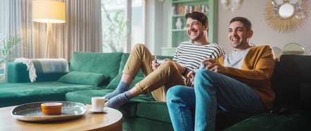 Happy Gay Couple Sitting on the Sofa Playing Video Games, Using Controllers. Competititve LGBT Men...