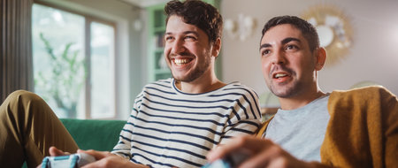 Happy Gay Couple Sitting on the Sofa Playing Video Games, Using Controllers. Competititve LGBT Men in Love have Fun Playing Online Video Games Together at Home in Stylish Apartment.の写真素材