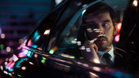 Handsome Businessman in a Suit Commuting from Office in a Backseat of His Car at Night. Entrepreneur...