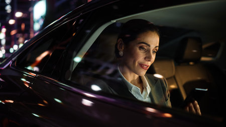 Beautiful Businesswoman is Commuting from Office in a Backseat of Her Luxury Car at Night....