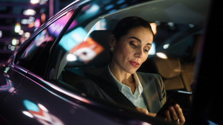 Beautiful Businesswoman is Commuting from Office in a Backseat of Her Car at Night. Entrepreneur...