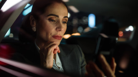 Beautiful Businesswoman is Commuting from Office in a Backseat of Her Car at Night. Entrepreneur...
